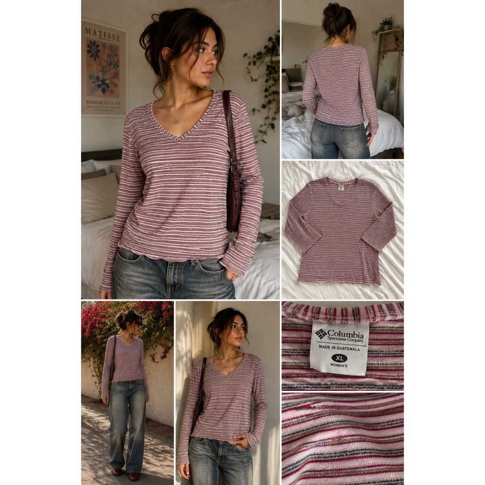 Columbia Womens XL V-Neck Striped 3/4 Sleeve Cotton Top Pink Tan White Ribbed